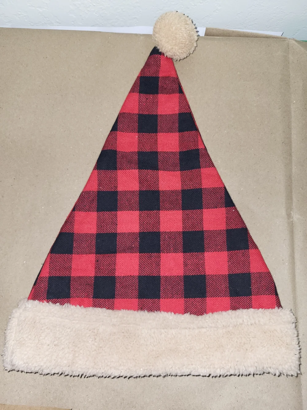 Plaid Red and Black Kids Santa Hat with Cream Trim